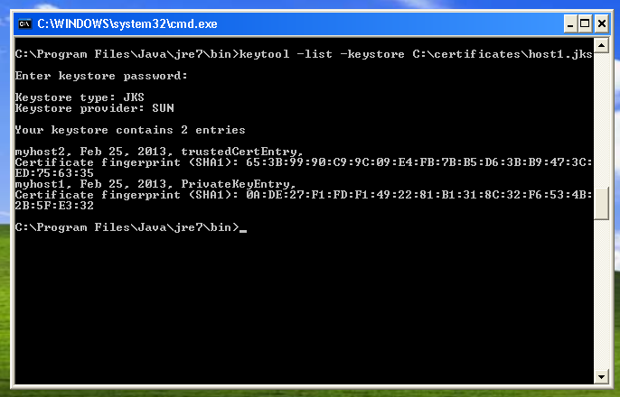 Με την εντολή C:\Program Files\Java\jre7\bin>keytool -list -keystore C:\certificates/host1.jks μπορούμε να δούμε το περιεχόμενο του keystore του host1 (Εικόνα 9.12). Εικόνα 9.