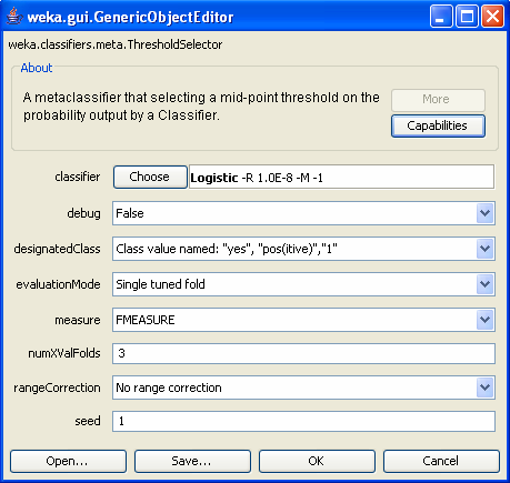 Εικόνα 5.6.22: Παράµετροι του αλγορίθµου Threshold Selector Στην παράµετρο Designed Class θέτουµε την τιµή της κλάσης για την οποία εκτελείται η βελτιστοποίηση.