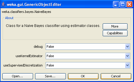 Εικόνα 5.3.4: Παράµετροι του αλγορίθµου Naïve Bayes Η παράµετρος Use Kernel Estimator χρησιµοποιεί έναν κεντρικό εκτιµητή για τα αριθµητικά χαρακτηριστικά αντί της χρήσης της κανονικής κατανοµής.