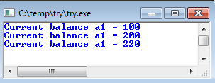 Κληοξμξμικόςηςα main() AccInter a1(100,0.1); cout << "Current balance a1 = " << a1.getbalance() << endl; a1.