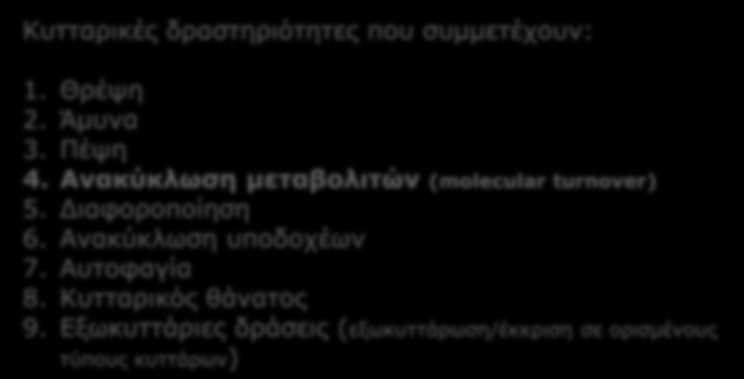 ΛΕΙΤΟΥΡΓΙΑ Κυτταρικές δραστηριότητες που συμμετέχουν: 1. Θρέψη 2. Άμυνα 3. Πέψη 4. Ανακύκλωση μεταβολιτών (molecular turnover) 5.