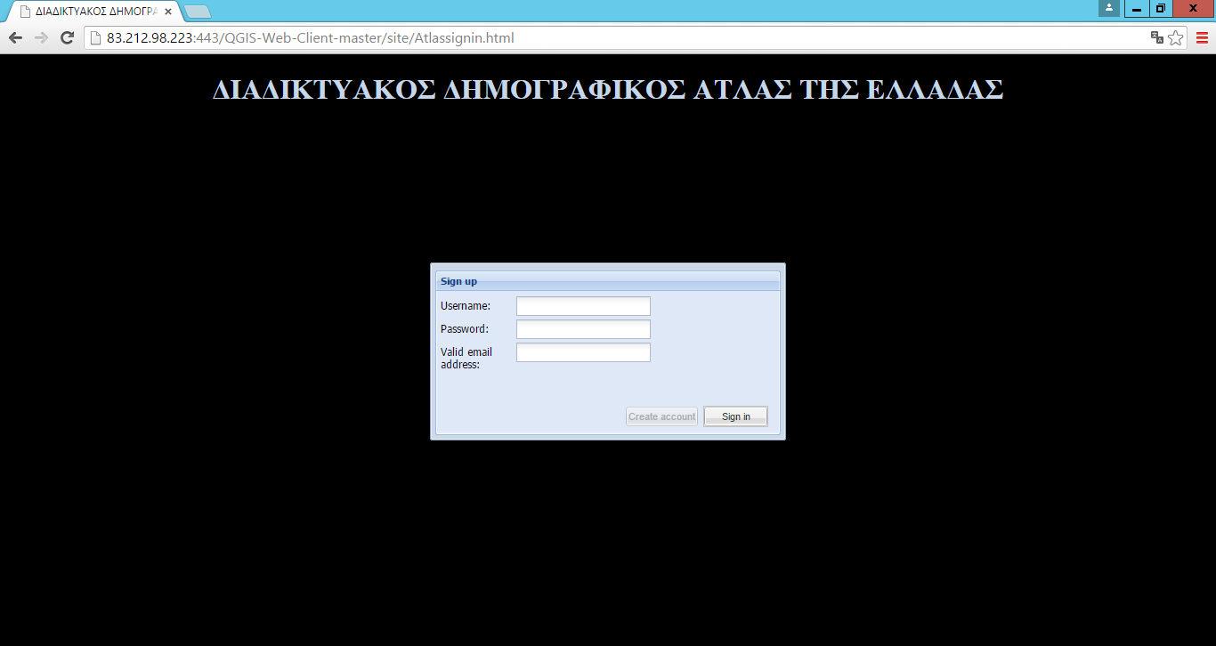 3. ΠΑΡΟΥΣΙΑΣΗ ΕΦΑΡΜΟΓΗΣ 3.1 Εγγραφή χρήστη Αρχικά αφού ο client μεταβεί στη διεύθυνση URL (http://83.212.98.223:443/qgis-web-client-master/site/atlassignin.