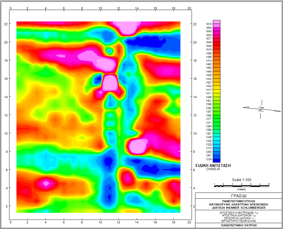 Εικόνα 20: Κατανομή ηλεκτρικής αντίστασης σε βάθος -1 μέτρων στην περιοχή Γρασίδι με εφαρμογή της Διάταξης Wenner Schlumberger με άνοιγμα ηλεκτροδίων 1 μέτρου (Διεύθυνση Α Δ).