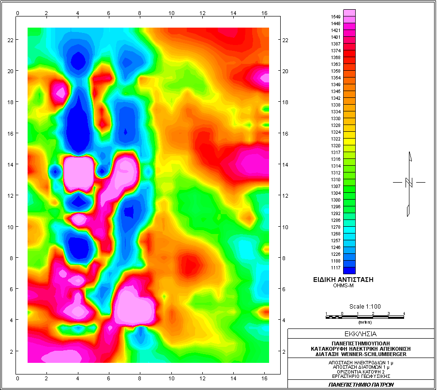 Εικόνα 29: Κατανομή ηλεκτρικής αντίστασης σε βάθος 2 μέτρων στην περιοχή Εκκλησία με εφαρμογή της Διάταξης Wenner Schlumberger με άνοιγμα ηλεκτροδίων 1 μέτρου (Διεύθυνση Β Ν).