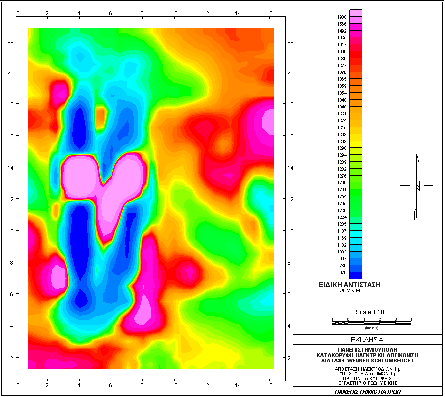 Εικόνα 30: Κατανομή ηλεκτρικής αντίστασης σε βάθος 3 μέτρων στην περιοχή Εκκλησία με εφαρμογή της Διάταξης Wenner Schlumberger με άνοιγμα ηλεκτροδίων 1 μέτρου (Διεύθυνση Β Ν).