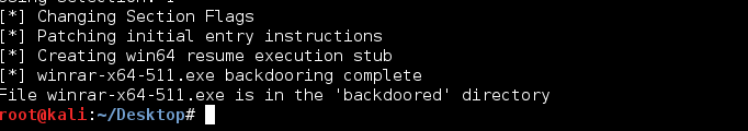 Εικόνα 6. 44: Εισαγωγή reverse_tcp payload σε εκτελέσιμο μέσω backdoor-factory To backdoor factory εξάγει ένα αρχείο, με το ίδιο ακριβώς όνομα όπως το αυθεντικό. Εικόνα 6.