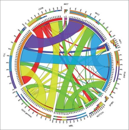 MBL: Παράγοντες κινδύνου εξέλιξης σε CLL cmbl have a more favourable genetic profile compared to Rai 0 CLL Circos plot showing the relative percentage of recurrent unfavorable markers and genetic