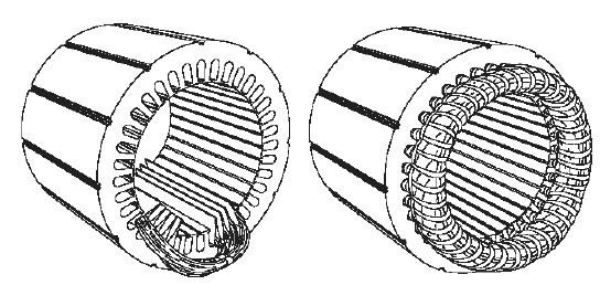 Κεφάλαιο 2 Σχήμα 2.2 Στάτης μηχανής επαγωγής [1] Τα τυλίγματα τοποθετούνται κατά κανόνα στις ομοιόμορφα διανεμημένες αύλακες του σιδηρομαγνητικού υλικό του στάτη.