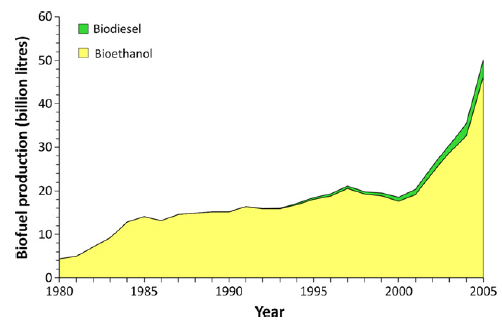 Ανάμεσα στο 1980 και 2005, η παγκόσμια παραγωγή βιοκαυσίμων αυξήθηκε από 4.4 σε 50.1 δισεκατομμύρια λίτρα [Murray, 2005; Armbruster and Coyle, 2006]. Εικόνα 1.