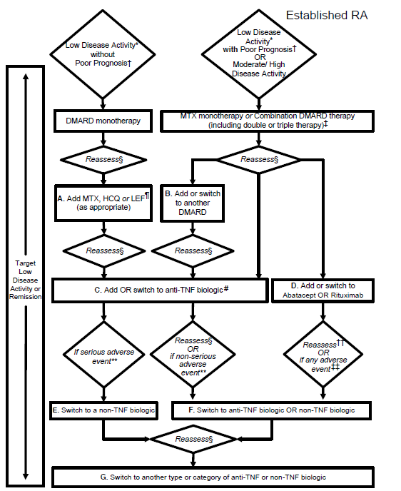 2012 ACR recommendations update for the treatment of established RA, defined as a disease duration >6 months or