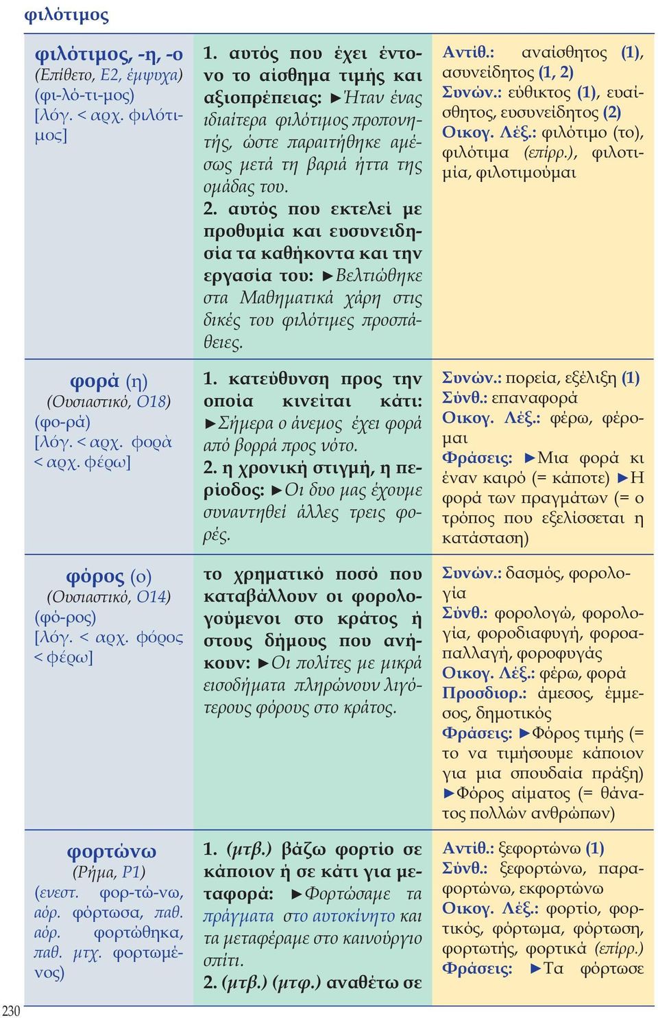 αυτός που έχει έντονο το αίσθημα τιμής και αξιοπρέπειας: Ήταν ένας ιδιαίτερα φιλότιμος προπονητής, ώστε παραιτήθηκε αμέσως μετά τη βαριά ήττα της ομάδας του. 2.