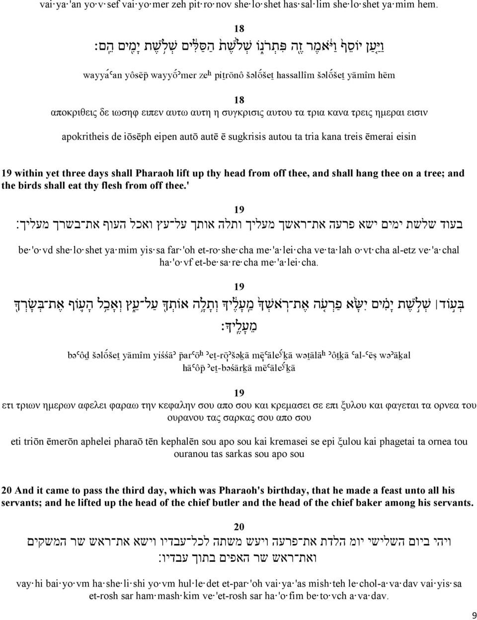 de iōsēph eipen autō autē ē sugkrisis autou ta tria kana treis ēmerai eisin 19 within yet three days shall Pharaoh lift up thy head from off thee, and shall hang thee on a tree; and the birds shall