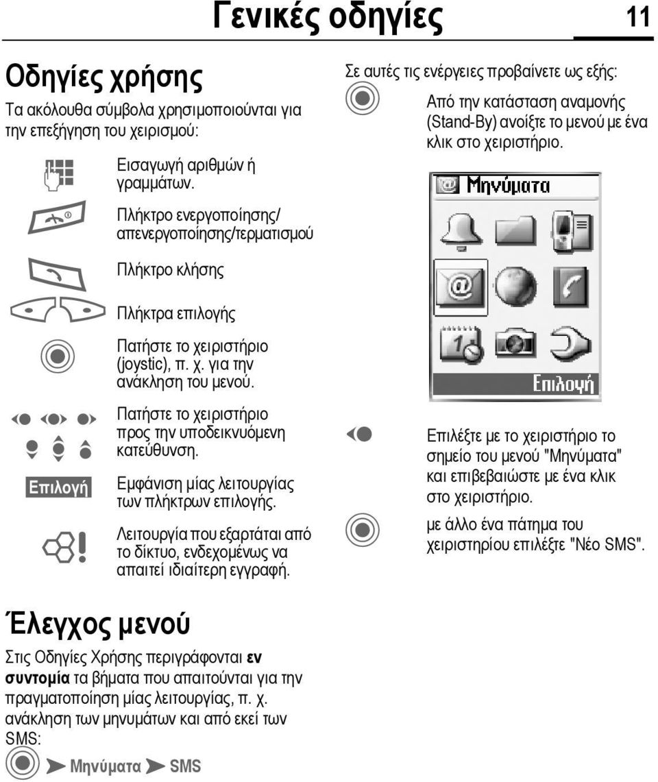 ανάκληση των µηνυµάτων και από εκεί των SMS: CMΜηνύµαταMSMS Γενικές οδηγίες 11 Πλήκτρο ενεργοποίησης/ απενεργοποίησης/τερµατισµού Πλήκτρο κλήσης <> Πλήκτρα επιλογής C D F E H I G Επιλογή L Πατήστε το