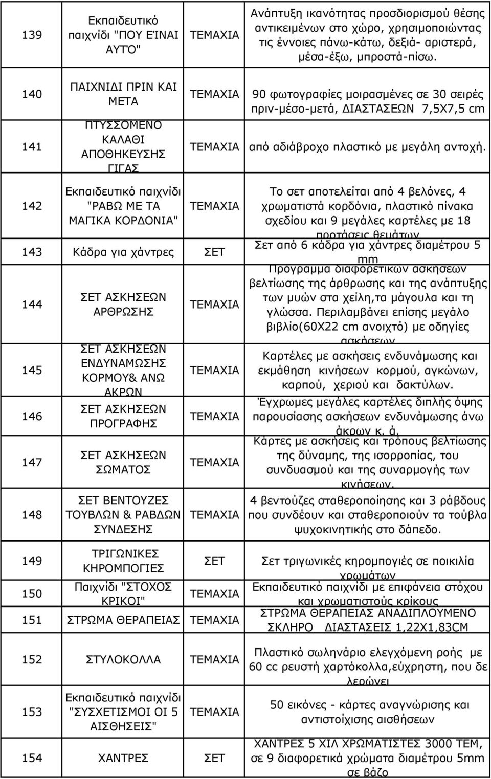 142 "ΡΑΒΩ ΜΕ ΤΑ ΜΑΓΙΚΑ ΚΟΡ ΟΝΙΑ" 143 Κάδρα για χάντρες ΣΕΤ 144 145 146 147 148 149 150 ΣΕΤ ΑΣΚΗΣΕΩΝ ΑΡΘΡΩΣΗΣ ΣΕΤ ΑΣΚΗΣΕΩΝ ΕΝ ΥΝΑΜΩΣΗΣ ΚΟΡΜΟΥ& ΑΝΩ ΑΚΡΩΝ ΣΕΤ ΑΣΚΗΣΕΩΝ ΠΡΟΓΡΑΦΗΣ ΣΕΤ ΑΣΚΗΣΕΩΝ ΣΩΜΑΤΟΣ ΣΕΤ