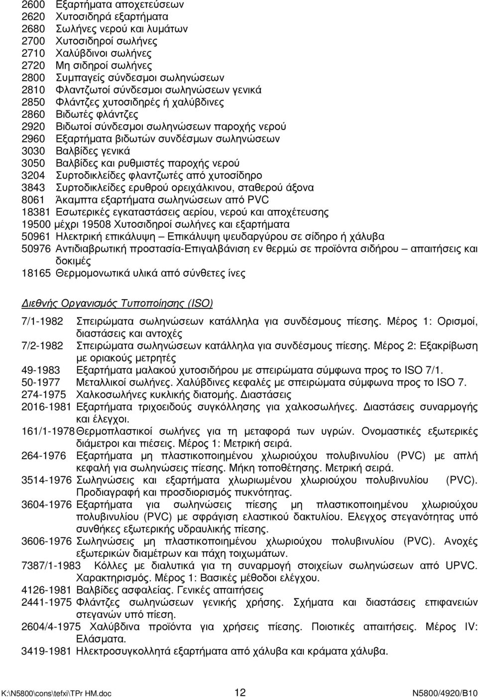 3030 Βαλβίδες γενικά 3050 Βαλβίδες και ρυθµιστές παροχής νερού 3204 Συρτοδικλείδες φλαντζωτές από χυτοσίδηρο 3843 Συρτοδικλείδες ερυθρού ορειχάλκινου, σταθερού άξονα 8061 Άκαµπτα εξαρτήµατα