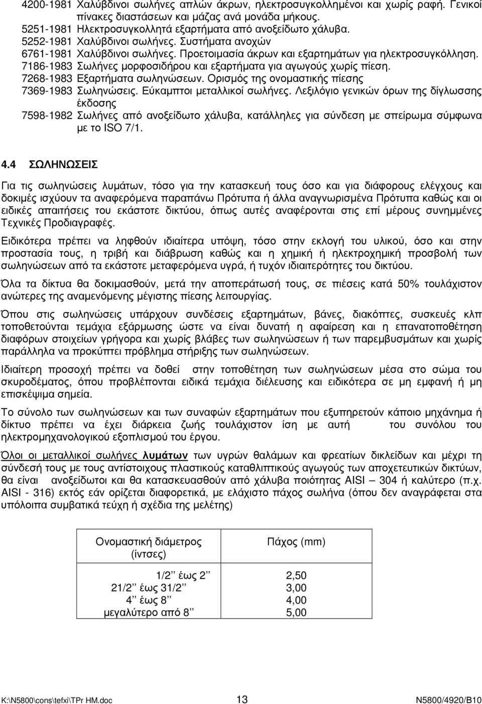 7186-1983 Σωλήνες µορφοσιδήρου και εξαρτήµατα για αγωγούς χωρίς πίεση. 7268-1983 Εξαρτήµατα σωληνώσεων. Ορισµός της ονοµαστικής πίεσης 7369-1983 Σωληνώσεις. Εύκαµπτοι µεταλλικοί σωλήνες.