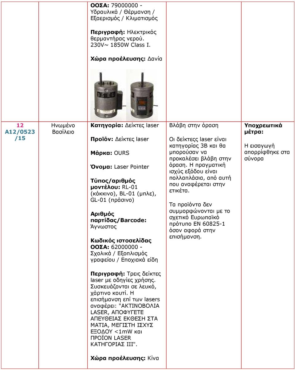ΟΟΣΑ: 62000000 - Σχολικά / Εξοπλισµός γραφείου / Εποχιακά είδη Βλάβη στην όραση Οι δείκτεςς laser είναι κατηγορίας 3B και θα µπορούσαν να προκαλέσει βλάβη στην όραση.