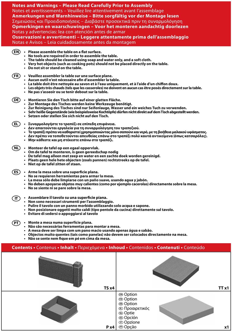 Osservazioni e avvertimenti Leggere attentamente prima dell assemblaggio Notas e Avisos Leia cuidadosamente antes da montagem EN FR DE EL NL ES IT PT Please assemble the table on a flat surface.