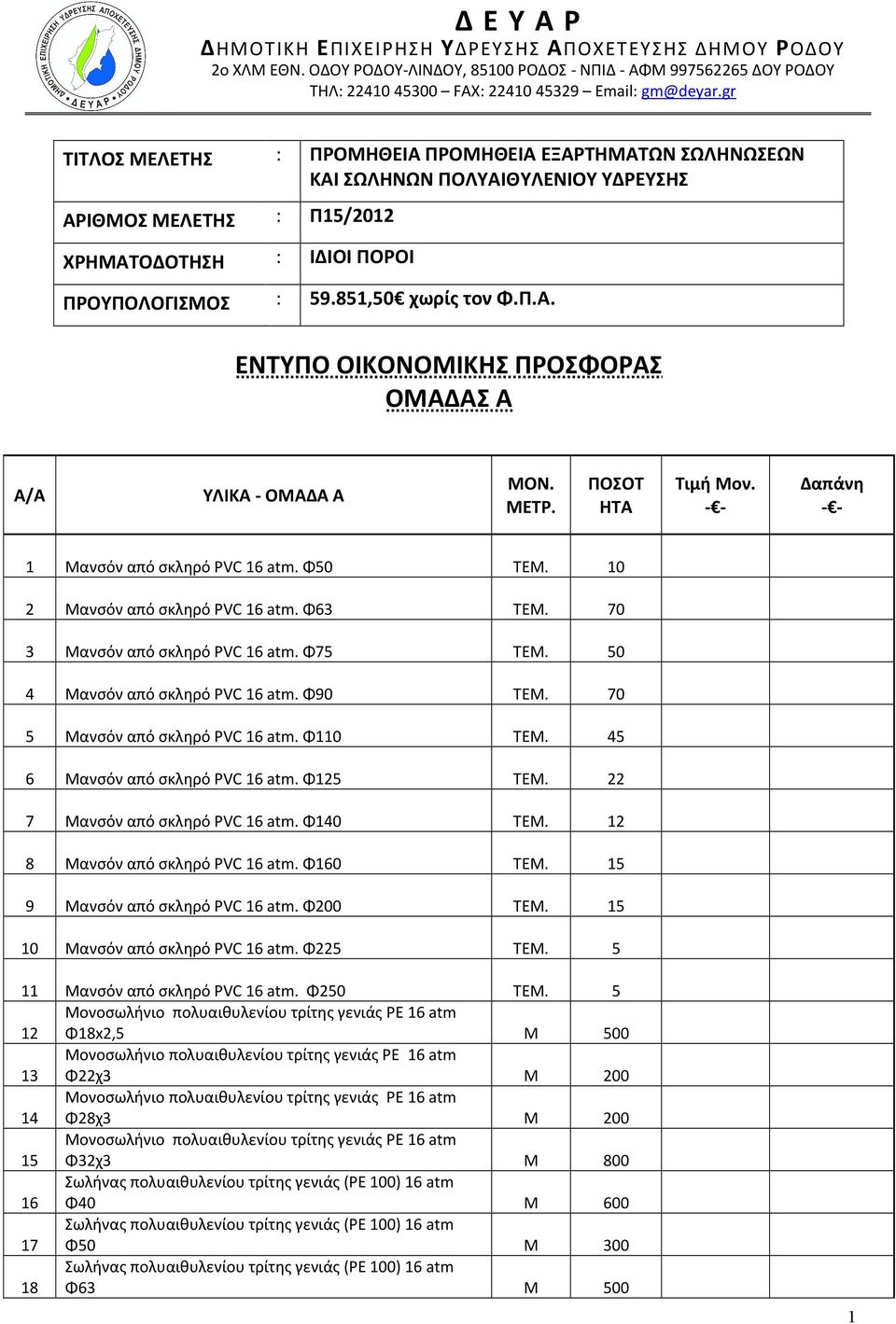 ΜΕΤΡ. ΠΟΣΟΤ ΗΤΑ Τιμή Μον. - - Δαπάνη - - 1 Μανσόν από σκληρό PVC 16 atm. Φ50 ΤΕΜ. 10 2 Μανσόν από σκληρό PVC 16 atm. Φ63 ΤΕΜ. 70 3 Μανσόν από σκληρό PVC 16 atm. Φ75 ΤΕΜ.