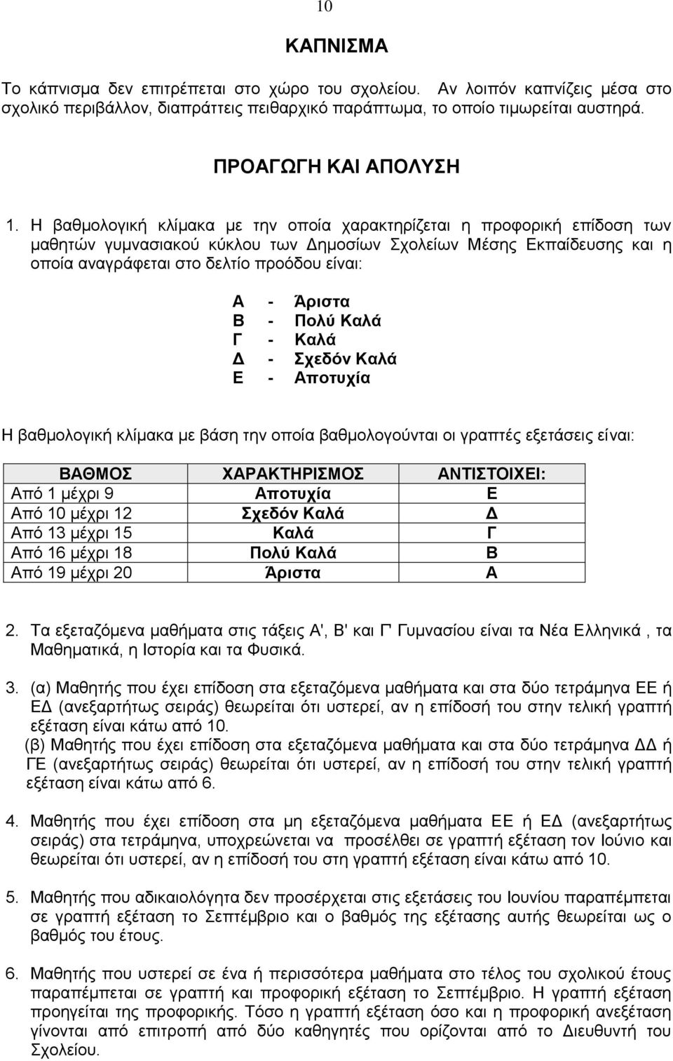 Άριστα Β - Πολύ Καλά Γ - Καλά Δ - Σχεδόν Καλά Ε - Αποτυχία Η βαθμολογική κλίμακα με βάση την οποία βαθμολογούνται οι γραπτές εξετάσεις είναι: ΒΑΘΜΟΣ ΧΑΡΑΚΤΗΡΙΣΜΟΣ ΑΝΤΙΣΤΟΙΧΕΙ: Από 1 μέχρι 9 Αποτυχία