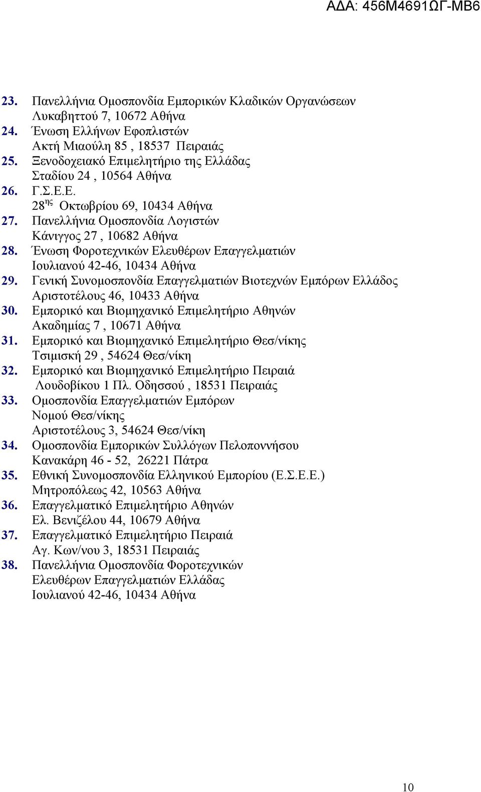 Ένωση Φοροτεχνικών Ελευθέρων Επαγγελματιών Ιουλιανού 42-46, 10434 Αθήνα 29. Γενική Συνομοσπονδία Επαγγελματιών Βιοτεχνών Εμπόρων Ελλάδος Αριστοτέλους 46, 10433 Αθήνα 30.