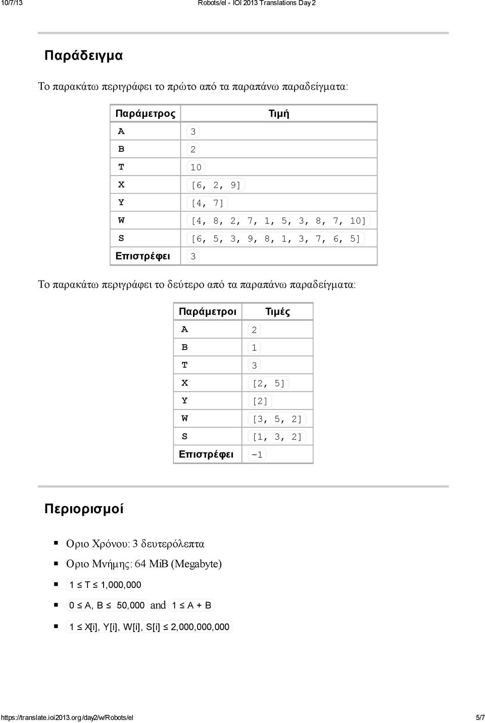 Παράμετροι Τιμές A 2 B 1 T 3 X [2, 5] Y [2] W [3, 5, 2] S [1, 3, 2] Επιστρέφει -1 Περιορισμοί Οριο Χρόνου: 3 δευτερόλεπτα Οριο Μνήμης: 64