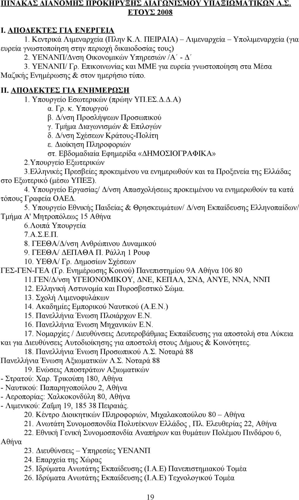 Υπουργείο Eσωτερικών (πρώην ΥΠ.ΕΣ.Δ.Δ.Α) α. Γρ. κ. Υπουργού β. Δ/νση Προσλήψεων Προσωπικού γ. Τμήμα Διαγωνισμών & Επιλογών δ. Δ/νση Σχέσεων Κράτους-Πολίτη ε. Διοίκηση Πληροφοριών στ.