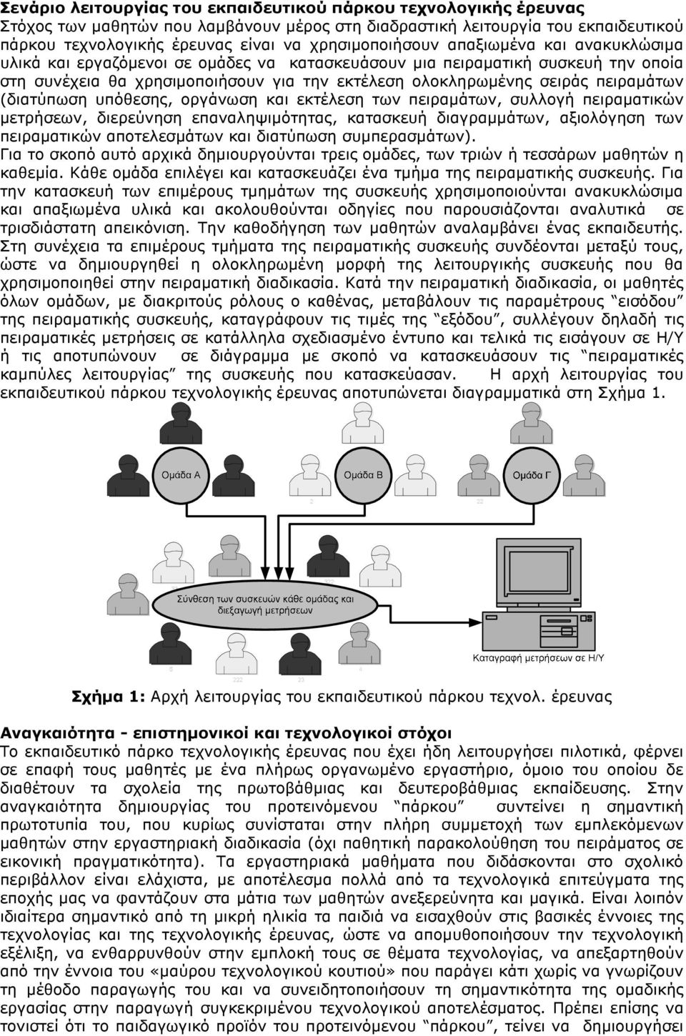 πειραµάτων (διατύπωση υπόθεσης, οργάνωση και εκτέλεση των πειραµάτων, συλλογή πειραµατικών µετρήσεων, διερεύνηση επαναληψιµότητας, κατασκευή διαγραµµάτων, αξιολόγηση των πειραµατικών αποτελεσµάτων