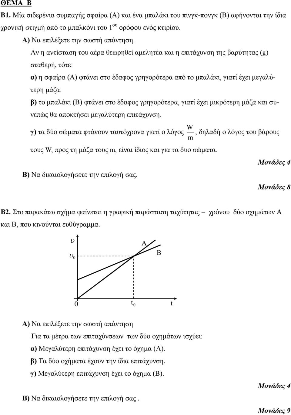 β) ην κπαιάθη (Β) θηάλεη ζην έδαθνο γξεγνξόηεξα, γηαηί έρεη κηθξόηεξε κάδα θαη ζπλεπώο ζα απνθηήζεη κεγαιύηεξε επηηάρπλζε.