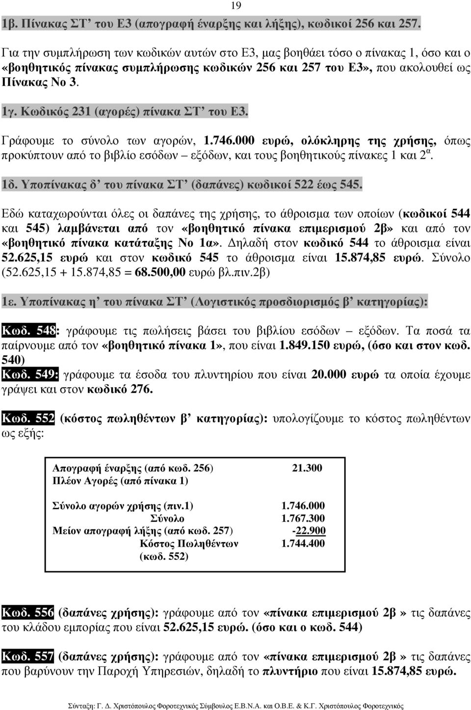 Κωδικός 231 (αγορές) πίνακα ΣΤ του Ε3. Γράφουµε το σύνολο των αγορών, 1.746.000 ευρώ, ολόκληρης της χρήσης, όπως προκύπτουν από το βιβλίο εσόδων εξόδων, και τους βοηθητικούς πίνακες 1 και 2 α. 1δ.