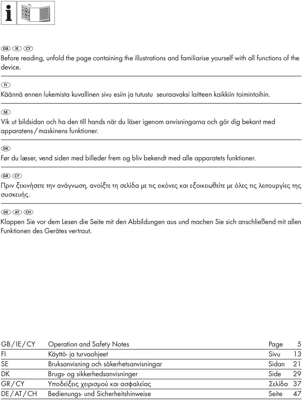 Vik ut bildsidan och ha den till hands när du läser igenom anvisningarna och gör dig bekant med apparatens / maskinens funktioner.