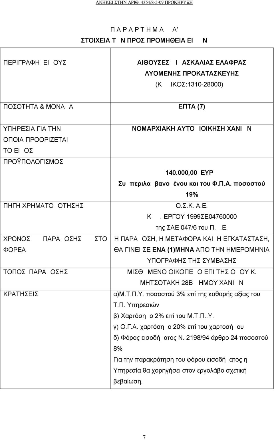 ΕΡΓΟΥ 1999ΣΕ04760000 της ΣΑΕ 047/6 του Π.Δ.Ε. ΧΡΟΝΟΣ ΠΑΡΑΔΟΣΗΣ ΣΤΟ Η ΠΑΡΑΔΟΣΗ, Η METAΦΟΡΑ ΚΑΙ Η ΕΓΚΑΤΑΣΤΑΣΗ, ΦΟΡΕΑ ΘΑ ΓΙΝΕΙ ΣΕ ΕΝΑ (1)ΜΗΝΑ ΑΠΟ ΤΗΝ ΗΜΕΡΟΜΗΝΙΑ ΥΠΟΓΡΑΦΗΣ ΤΗΣ ΣΥΜΒΑΣΗΣ ΤΟΠΟΣ ΠΑΡΑΔΟΣΗΣ ΜΙΣΘΩΜΕΝΟ ΟΙΚΟΠΕΔΟ ΕΠΙ ΤΗΣ ΟΔΟΥ Κ.