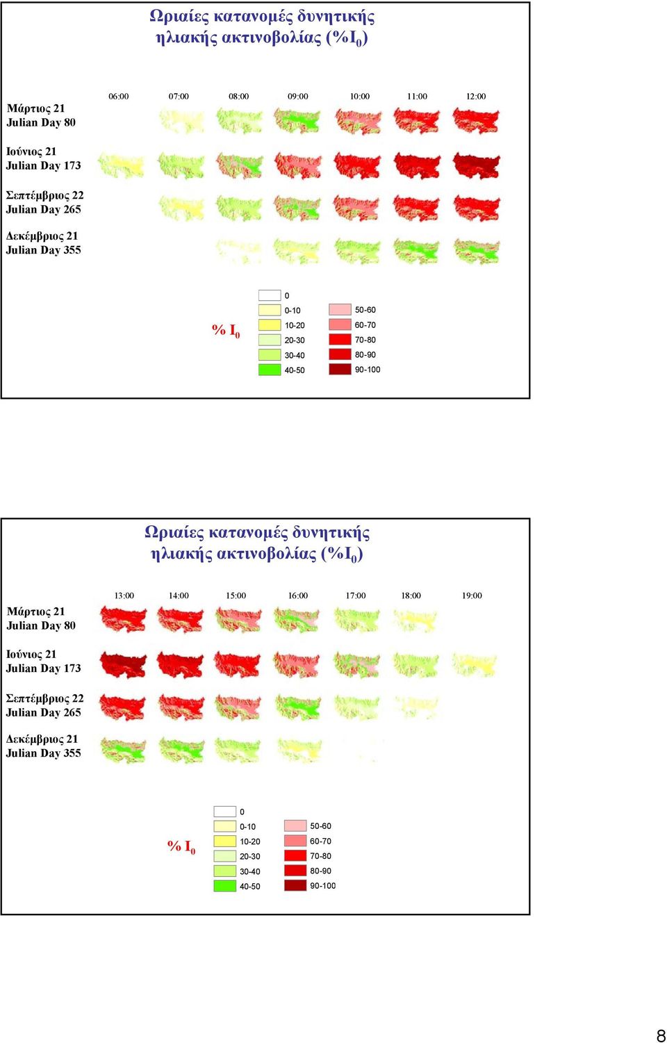 Ωριαίες κατανοµές δυνητικής ηλιακής ακτινοβολίας (%Ι ) Μάρτιος 21 Julian Day 8 13: 14: 15: 16: 17: 18: 19: Ιούνιος
