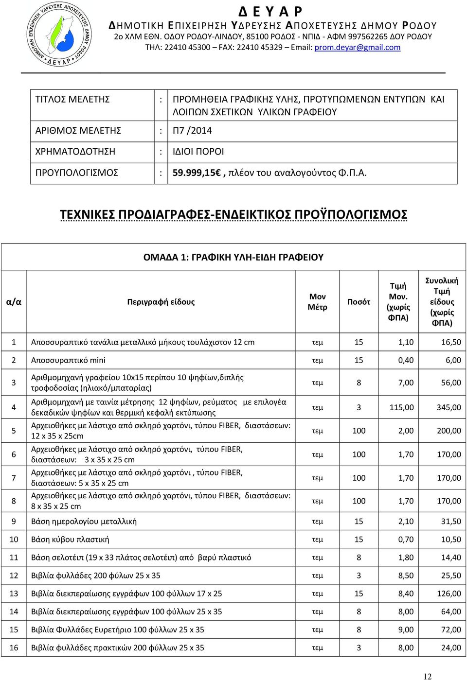 999,15, πλέον του αναλογούντος Φ.Π.Α. ΤΕΧΝΙΚΕΣ ΠΡΟΔΙΑΓΡΑΦΕΣ-ΕΝΔΕΙΚΤΙΚΟΣ ΠΡΟΫΠΟΛΟΓΙΣΜΟΣ ΟΜΑΔΑ 1: ΓΡΑΦΙΚΗ ΥΛΗ-ΕΙΔΗ ΓΡΑΦΕΙΟΥ α/α Περιγραφή είδους Μον Μέτρ Ποσότ Τιμή Μον.