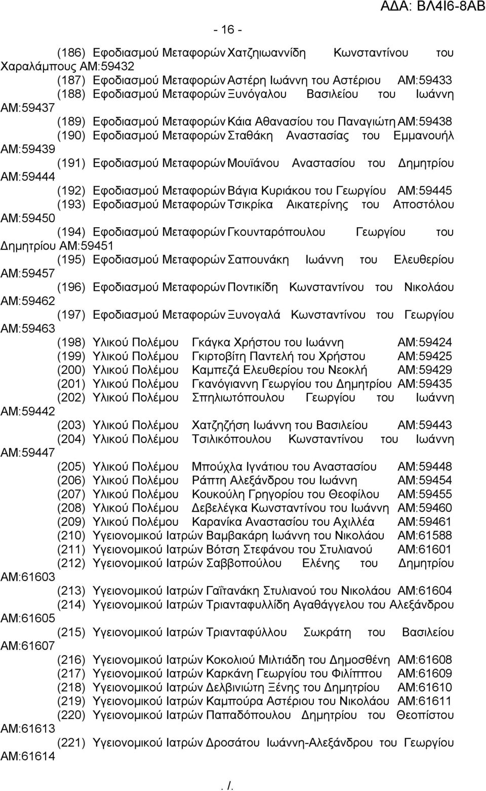 του Δημητρίου ΑΜ:59444 (192) Εφοδιασμού Μεταφορών Βάγια Κυριάκου του Γεωργίου ΑΜ:59445 (193) Εφοδιασμού Μεταφορών Τσικρίκα Αικατερίνης του Αποστόλου ΑΜ:59450 (194) Εφοδιασμού Μεταφορών