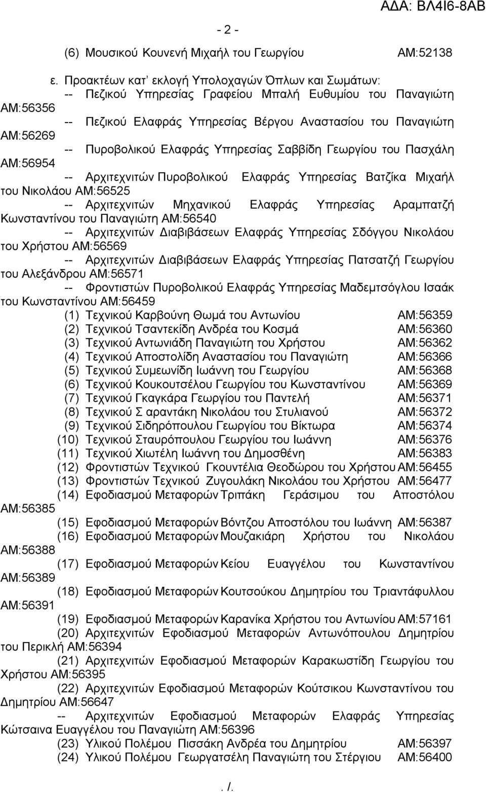 Πυροβολικού Ελαφράς Υπηρεσίας Σαββίδη Γεωργίου του Πασχάλη ΑΜ:56954 -- Αρχιτεχνιτών Πυροβολικού Ελαφράς Υπηρεσίας Βατζίκα Μιχαήλ του Νικολάου ΑΜ:56525 -- Αρχιτεχνιτών Μηχανικού Ελαφράς Υπηρεσίας