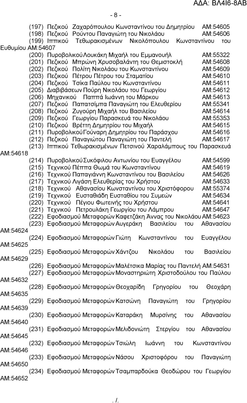 του Σταματίου ΑΜ:54610 (204) Πεζικού Τσίκα Παύλου του Κωνσταντίνου ΑΜ:54611 (205) Διαβιβάσεων Πούρη Νικολάου του Γεωργίου ΑΜ:54612 (206) Μηχανικού Παππά Ιωάννη του Μάρκου ΑΜ:54613 (207) Πεζικού