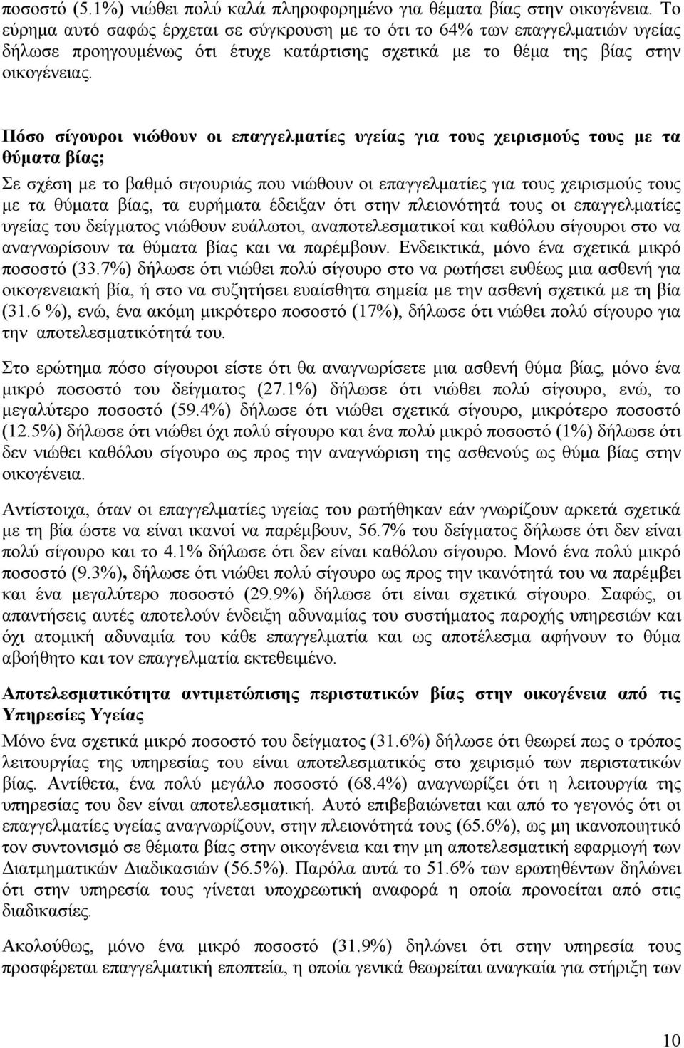 Πόσο σίγουροι νιώθουν οι επαγγελματίες υγείας για τους χειρισμούς τους με τα θύματα βίας; Σε σχέση με το βαθμό σιγουριάς που νιώθουν οι επαγγελματίες για τους χειρισμούς τους με τα θύματα βίας, τα