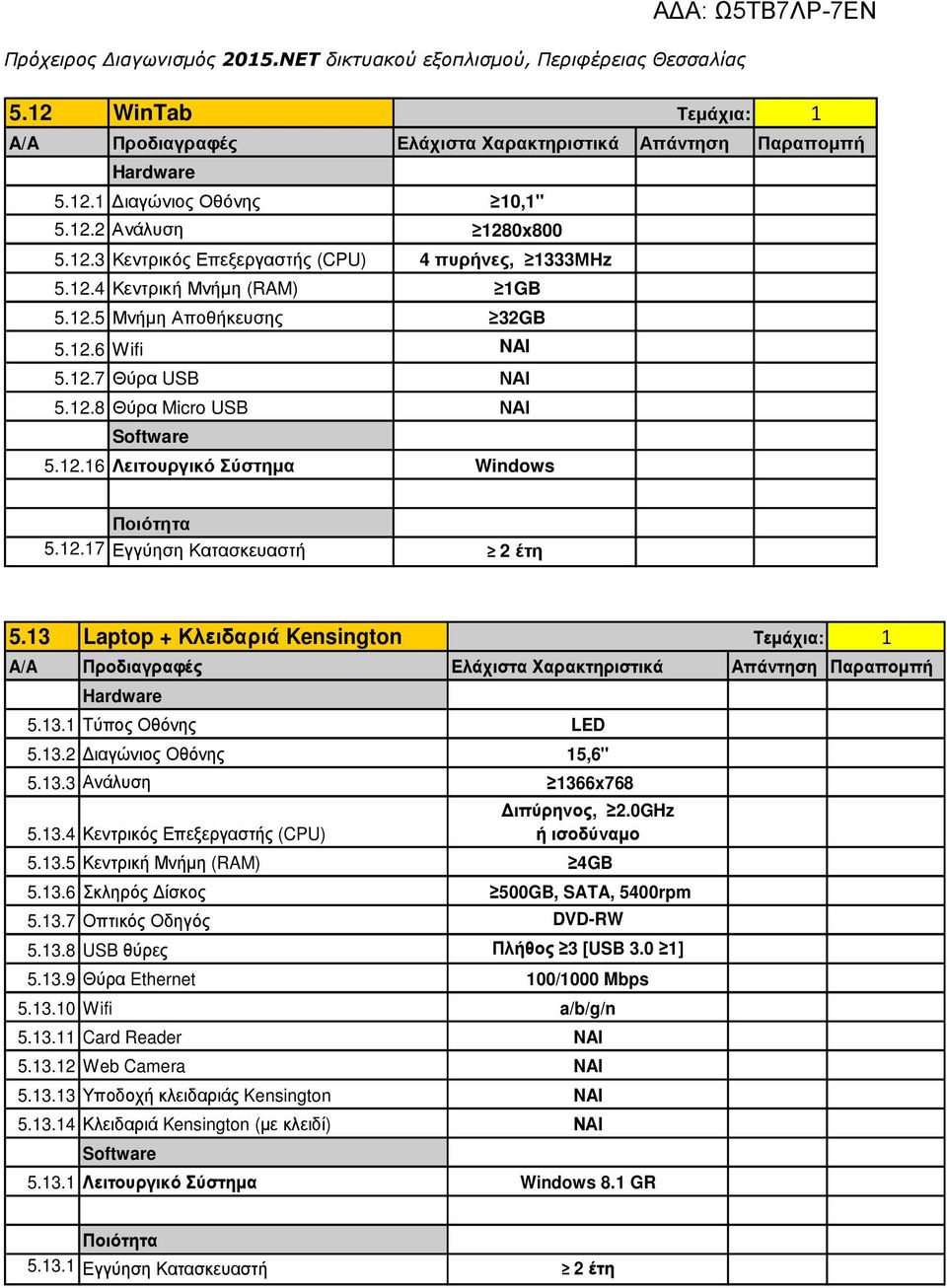 13 Laptop + Κλειδαριά Kensington Τεµάχια: 1 A/A Προδιαγραφές Ελάχιστα Χαρακτηριστικά Απάντηση Παραποµπή Hardware 5.13.1 Τύπος Οθόνης 5.13.2 ιαγώνιος Οθόνης 5.13.3 Ανάλυση 5.13.4 Κεντρικός Επεξεργαστής (CPU) 5.