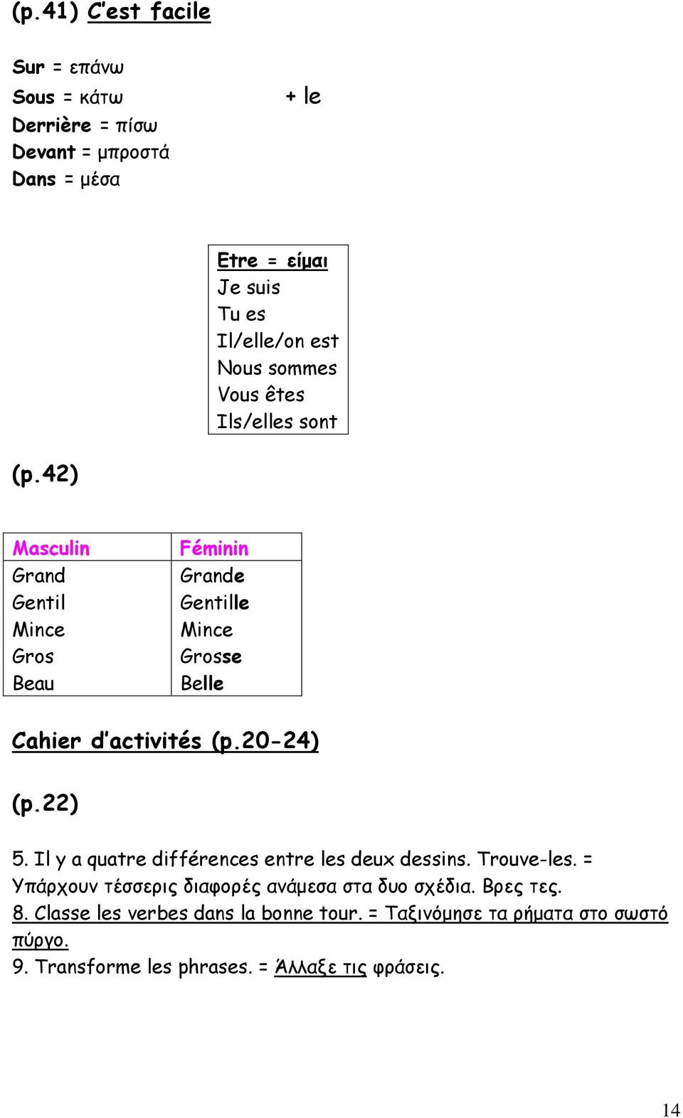 42) Masculin Grand Gentil Mince Gros Beau Féminin Grande Gentille Mince Grosse Belle Cahier d activités (p.20-24) (p.22) 5.