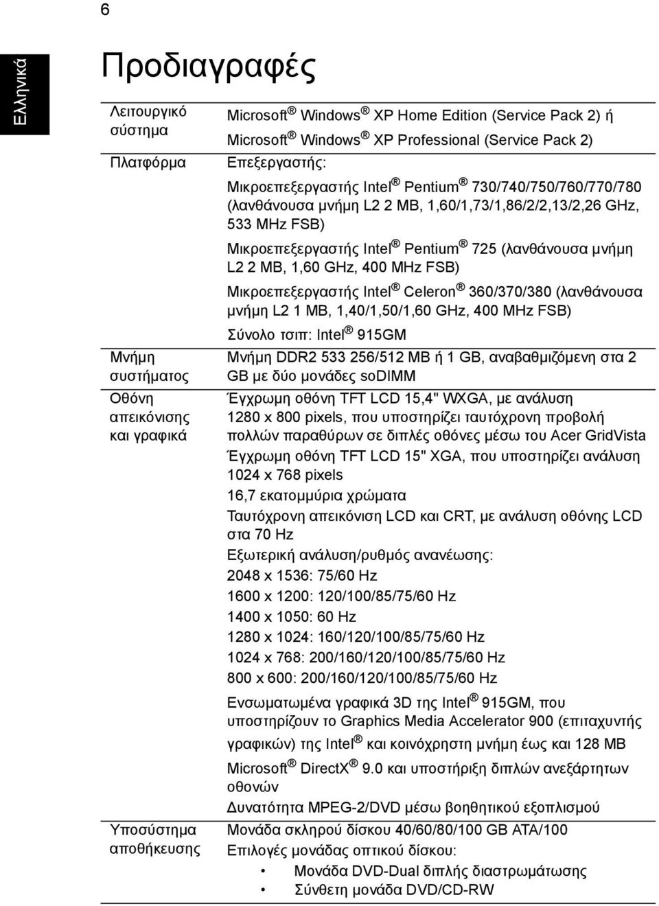 Pentium 725 (λανθάνουσα µνήµη L2 2 MB, 1,60 GHz, 400 MHz FSB) Μικροεπεξεργαστής Intel Celeron 360/370/380 (λανθάνουσα µνήµη L2 1 MB, 1,40/1,50/1,60 GHz, 400 MHz FSB) Σύνολο τσιπ: Intel 915GM Μνήµη