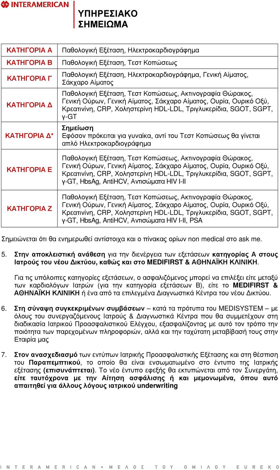 Αντισώµατα HIV I-II, PSA Σηµειώνεται ότι θα ενηµερωθεί αντίστοιχα και ο πίνακας ορίων non medical στο ask me. 5.