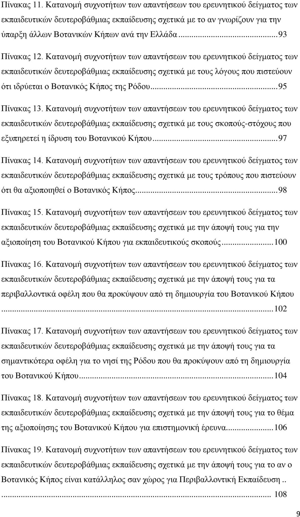 Κατανομή συχνοτήτων των απαντήσεων του ερευνητικού δείγματος των εκπαιδευτικών δευτεροβάθμιας εκπαίδευσης σχετικά με τους λόγους που πιστεύουν ότι ιδρύεται ο Βοτανικός Κήπος της Ρόδου... 95 Πίνακας 13.