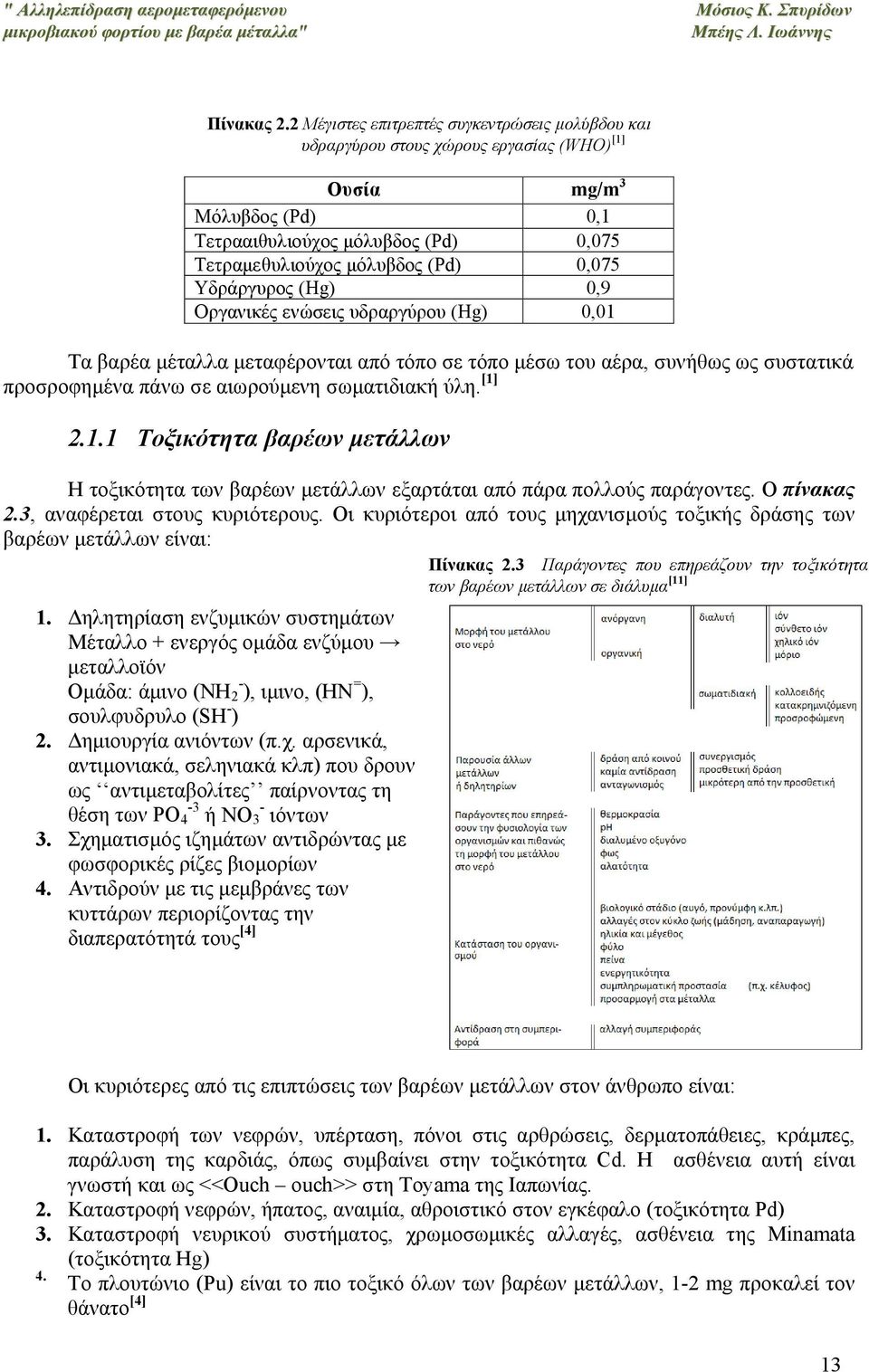 Υδράργυρος (Hg) 0,9 Οργανικές ενώσεις υδραργύρου (Hg) 0,01 Τα βαρέα μέταλλα μεταφέρονται από τόπο σε τόπο μέσω του αέρα, συνήθως ως συστατικά προσροφημένα πάνω σε αιωρούμενη σωματιδιακή ύλη. [1] 2.1.1 Τοξικότητα βαρέων μετάλλων Η τοξικότητα των βαρέων μετάλλων εξαρτάται από πάρα πολλούς παράγοντες.