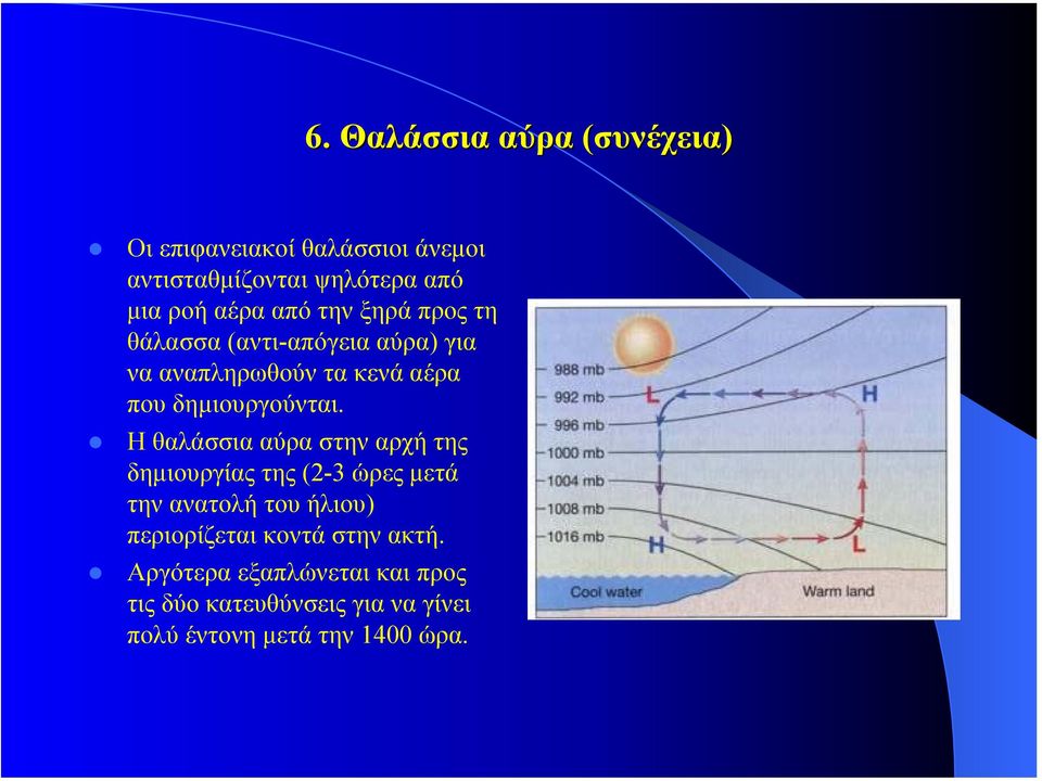 Η θαλάσσια αύρα στην αρχή της δηµιουργίας της (2-3 ώρες µετά την ανατολή του ήλιου) περιορίζεται κοντά