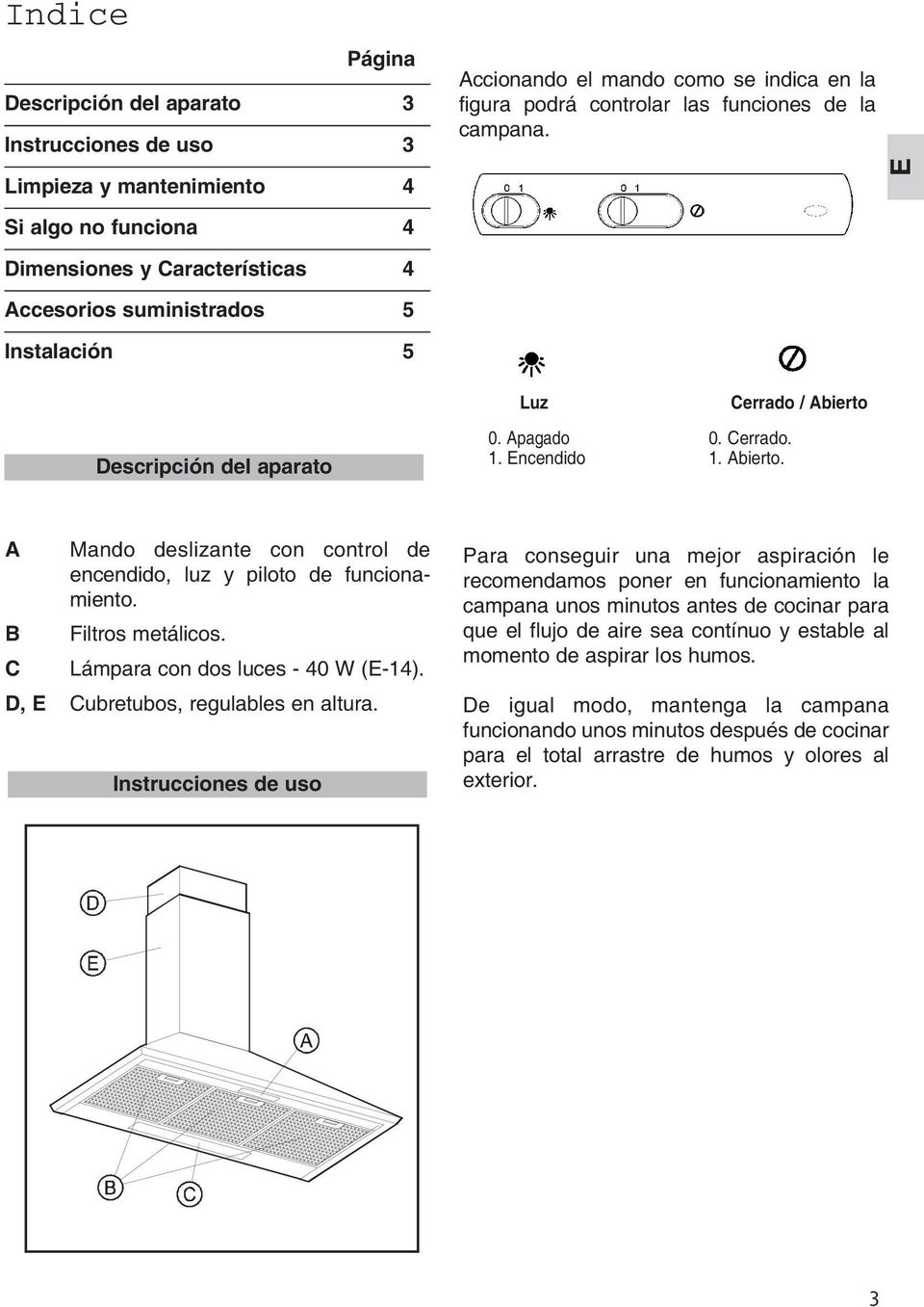 0. Cerrado. 1. Abierto. A Mando deslizante con control de encendido, luz y piloto de funcionamiento. B Filtros metálicos. C Lámpara con dos luces - 40 W (E-14). D, E Cubretubos, regulables en altura.