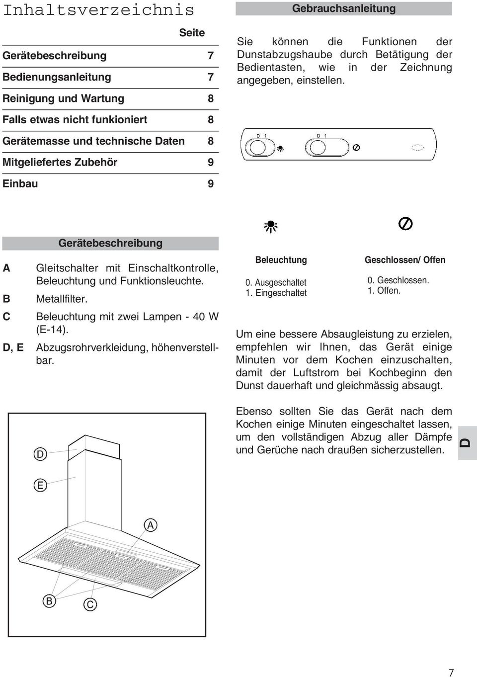 Falls etwas nicht funkioniert 8 Gerätemasse und technische Daten 8 Mitgeliefertes Zubehör 9 Einbau 9 Gerätebeschreibung A Gleitschalter mit Einschaltkontrolle, Beleuchtung und Funktionsleuchte.