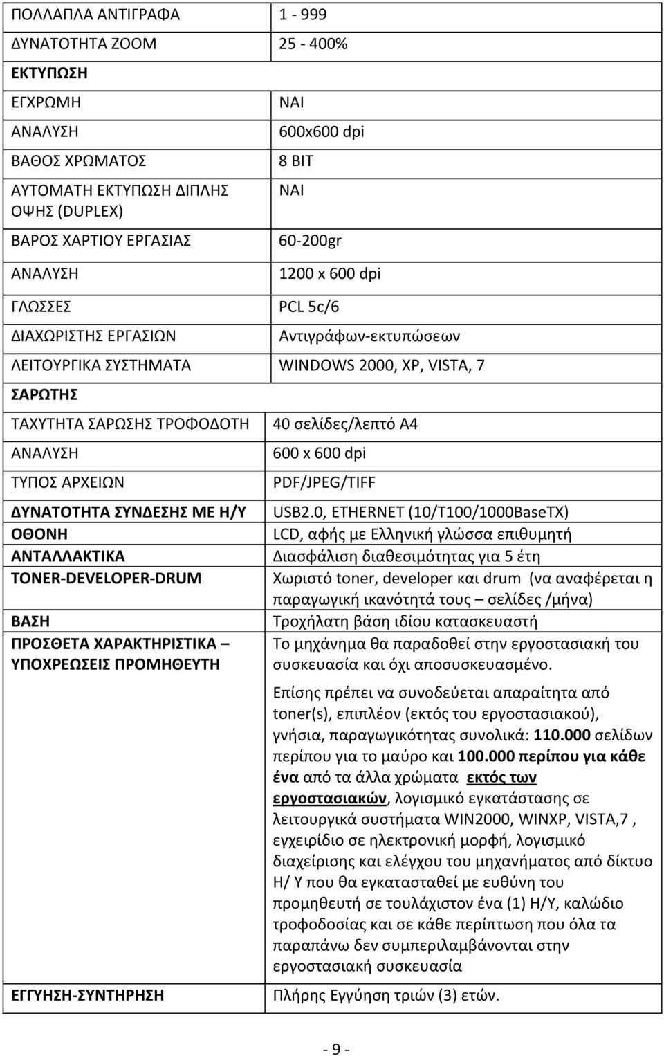 x 600 dpi PDF/JPEG/TIFF ΔΥΝΑΤΟΤΗΤΑ ΣΥΝΔΕΣΗΣ ΜΕ Η/Υ USB2.