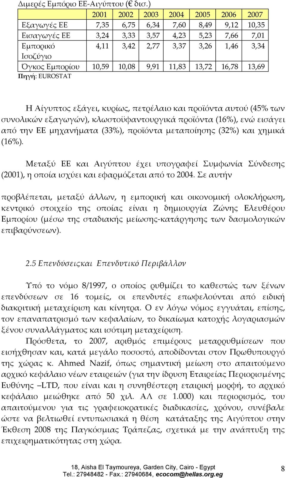 Εμπορίου 10,59 10,08 9,91 11,83 13,72 16,78 13,69 Πηγή: EUROSTAT Η Αίγυπτος εξάγει, κυρίως, πετρέλαιο και προϊόντα αυτού (45% των συνολικών εξαγωγών), κλωστοϋφαντουργικά προϊόντα (16%), ενώ εισάγει