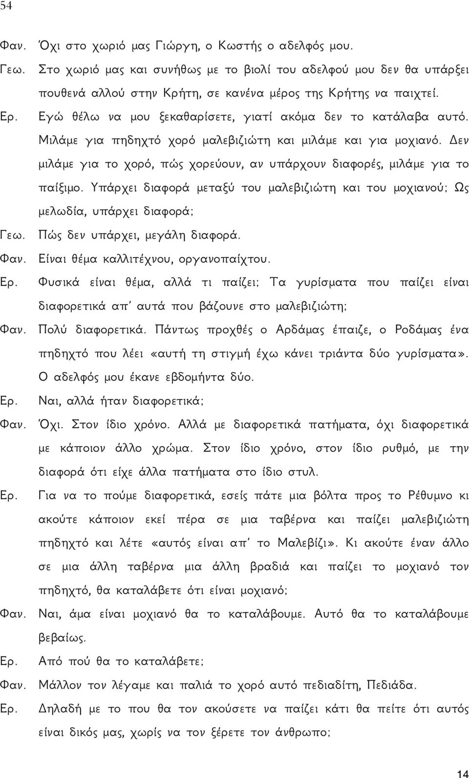 Δεν μιλάμε για το χορό, πώς χορεύουν, αν υπάρχουν διαφορές, μιλάμε για το παίξιμο. Υπάρχει διαφορά μεταξύ του μαλεβιζιώτη και του μοχιανού; Ως μελωδία, υπάρχει διαφορά; Γεω.